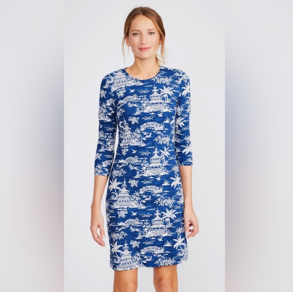 J. McLaughlin Sophia Dress Tongsai Palms Print 3/4 Sleeve Navy/White XL NWOT - Picture 2 of 9
